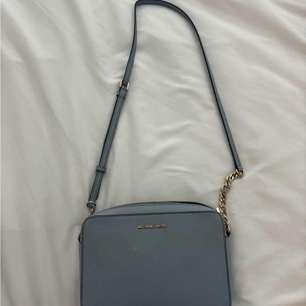 Michael Kors Slate Blue Leather Crossbody with Gold Chain